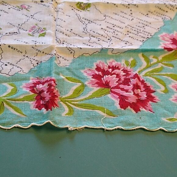 Vintage Ohio Map Handkerchief Floral scalloped Edges Travel Towns Building's - Picture 6 of 8